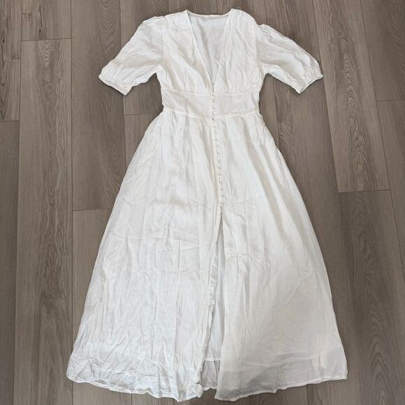 Commense Coastal Frenchy Cottage Flowy Button Split Long Dress White Maxi Small - Picture 2 of 9